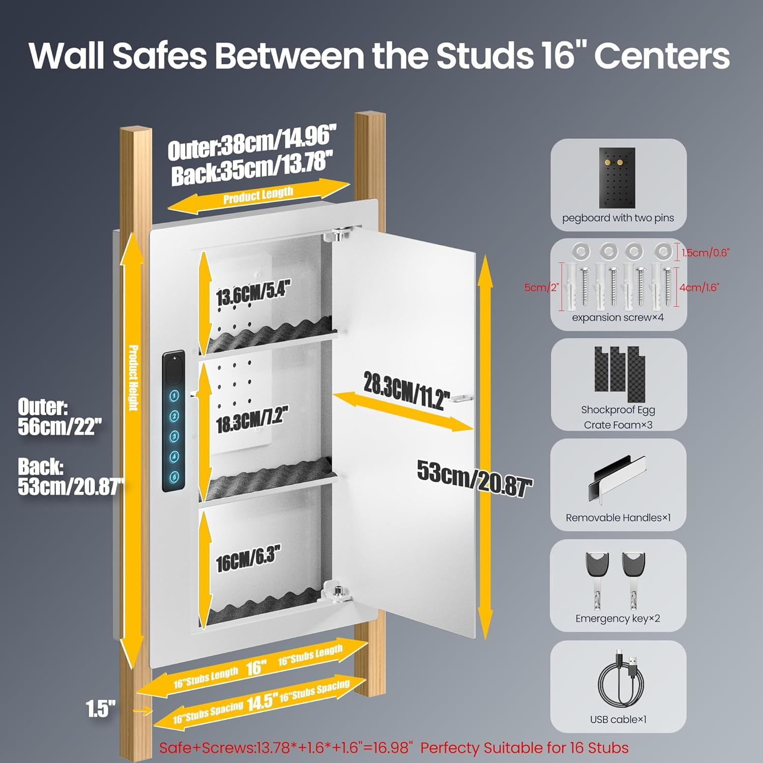Quick Access Hidden Wall Safe with Removable Pegboard & Adjustable Shelves – Flat Recessed Security Cabinet Fits Between 16" Wall Studs for Home or Office Use