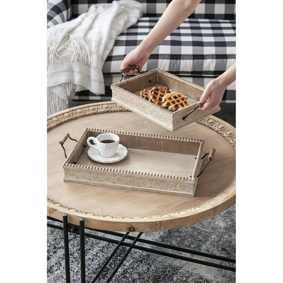 A&B Home Decorative Serving Tray Set of 2 with Handles Boho Chic Style Beaded Edge Detailed Etching Fir Wood Metal Centerpiece Table Décor L: 19.3x10x3.3, S: 15.9x8.7x3.1 Inch