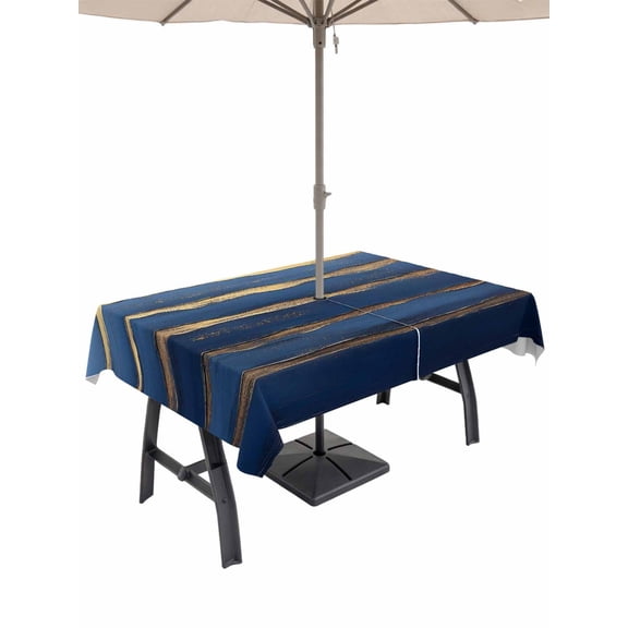 60x120 Inch Outdoor Tablecloth with Umbrella Hole Zipper Rectangle Luxury Navy Blue Rectangular Tablecloths Outside Waterproof Golden Contemporary Abstract Patio Table Cloth Cover for Picnic Party