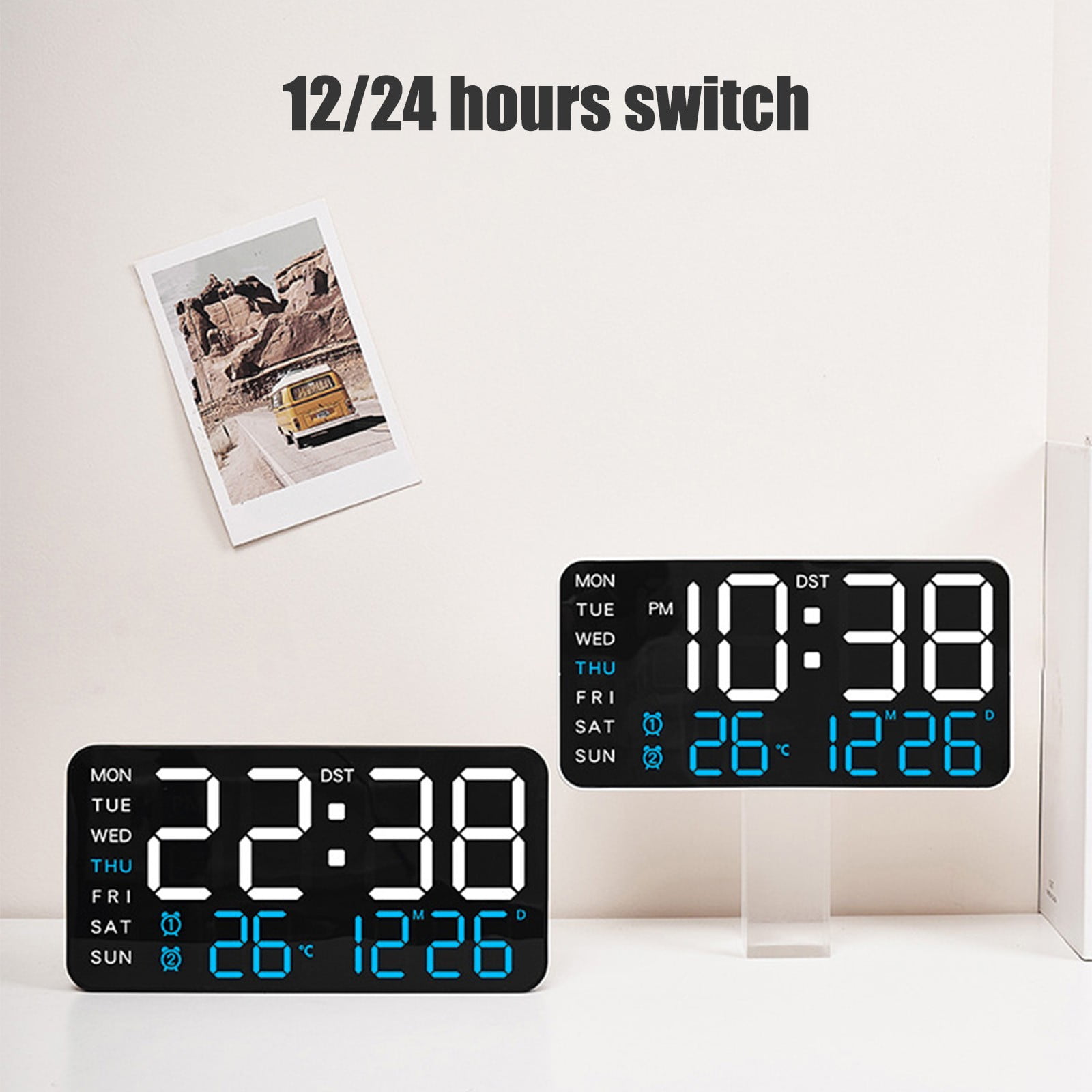Digital Wall Clock Battery Operated, Desk Clocks with Temperature, Humidity and Date, Large Display Digital Calendar Alarm Clock for Living Room Classroom, Bedroom, Office, Auto DST