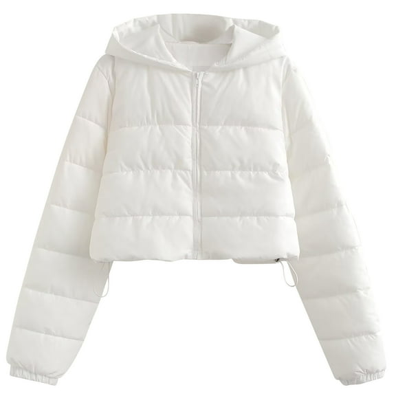 XPMWRP Women's Quilted Puffer Cropped Jacket Long Sleeve Puffer Down Solid Color Zip Coat Winter Warm Loose Casual Coats White M