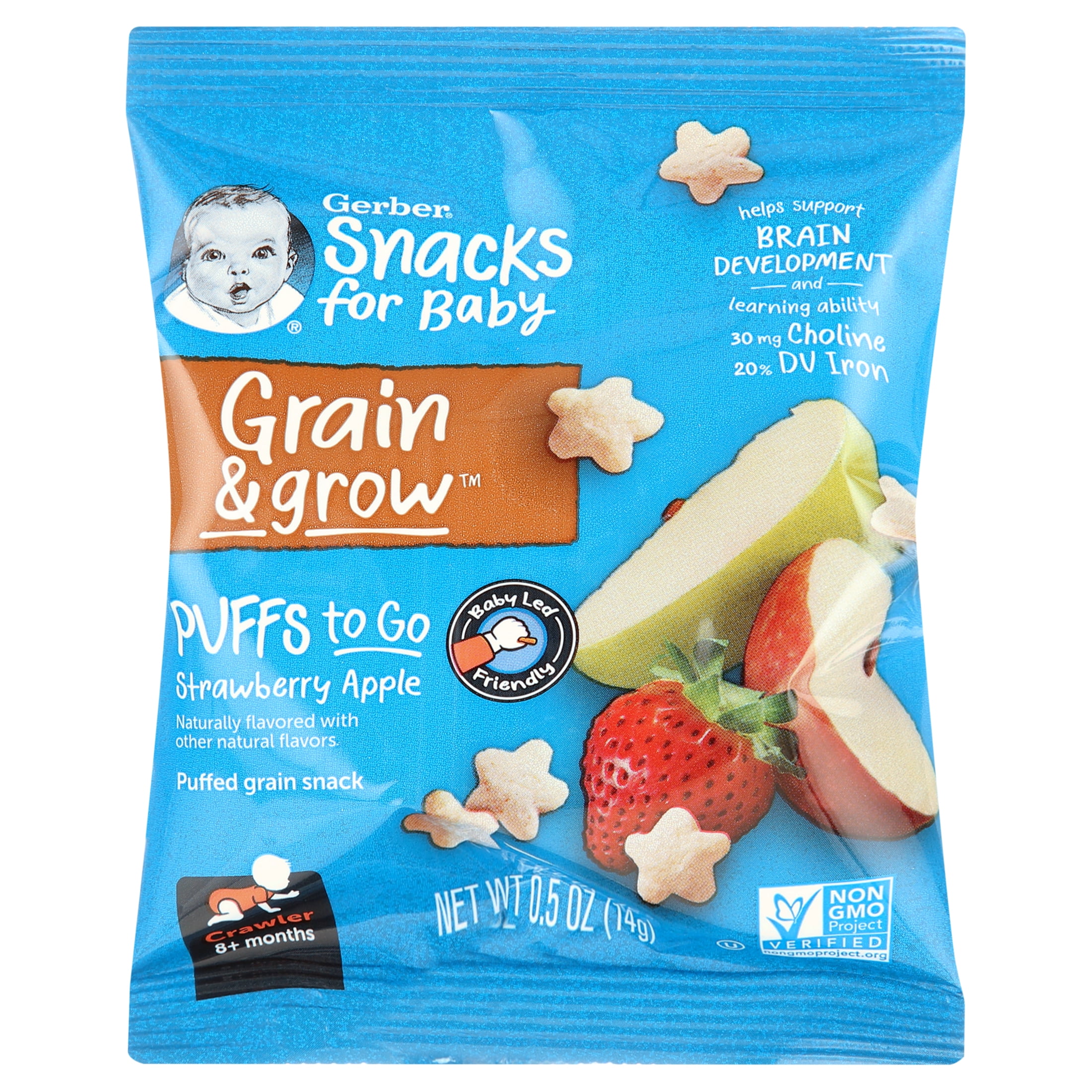 (3 pack) GERBER SNACKS FOR BABY GRAIN AND GROW Puffs To Go Strawberry Apple 6oz 12pieces Individually Serve Packets