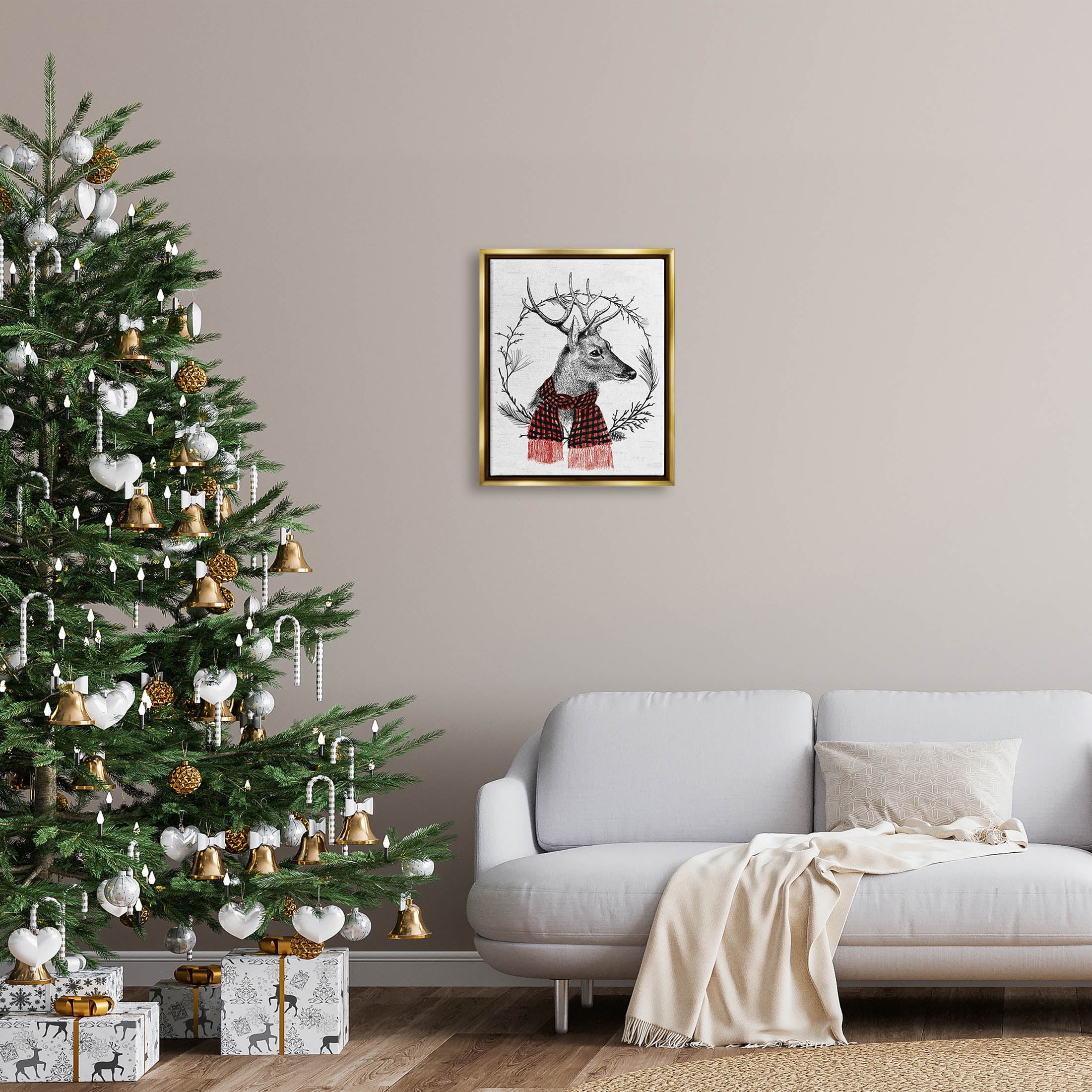 Stupell Industries Deer Winter Botanical Wreath Graphic Art Metallic Gold Floating Framed Canvas Print Wall Art, Design by Lettered and Lined