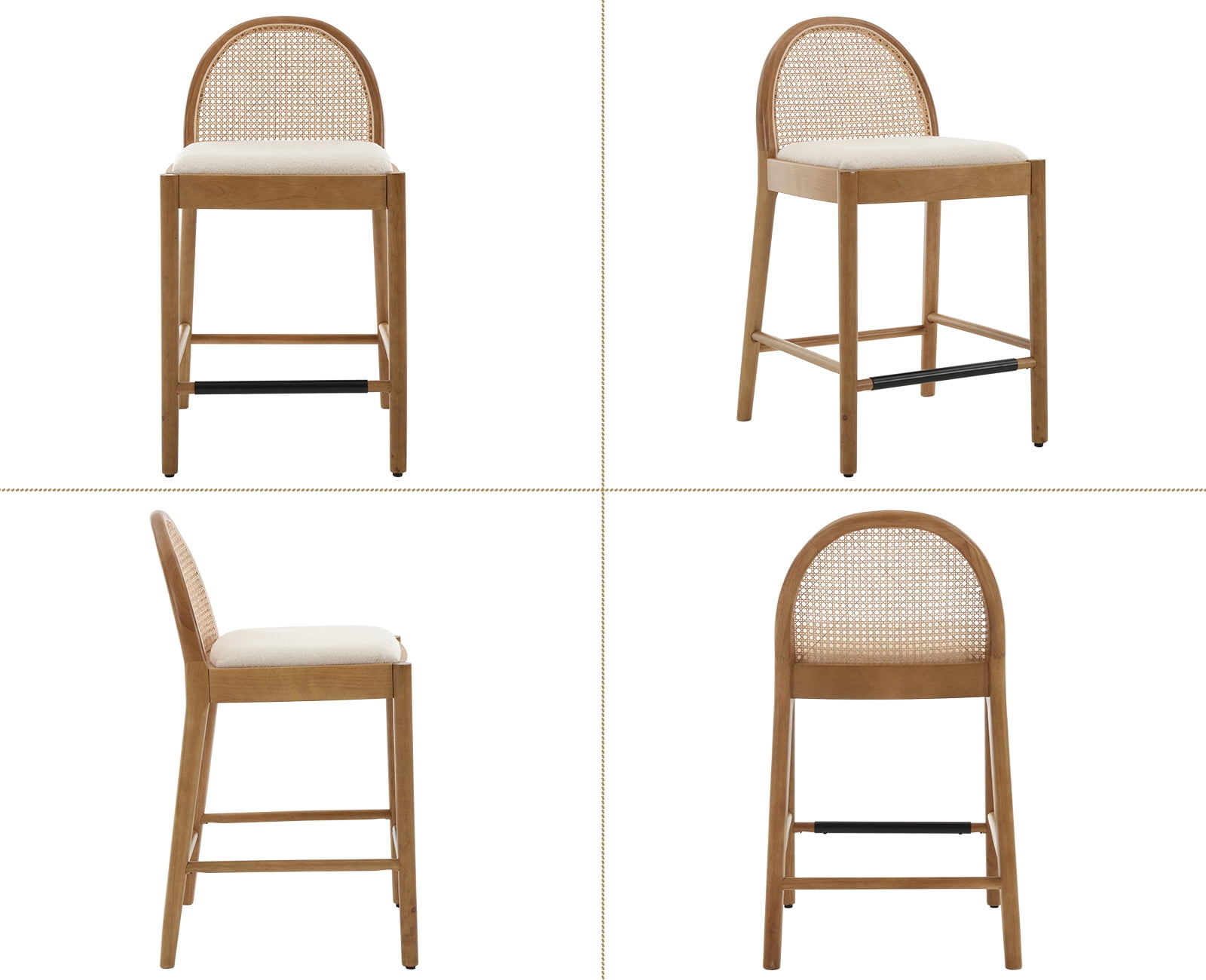 Guyou Modern Bar Stools Set of 2, 26" Counter Height Bar Stools with Natural Rattan Back and Solid Wood Frame, Sherpa Upholstered Kitchen Island Chairs for Bar Island Cafe Kitchen, White