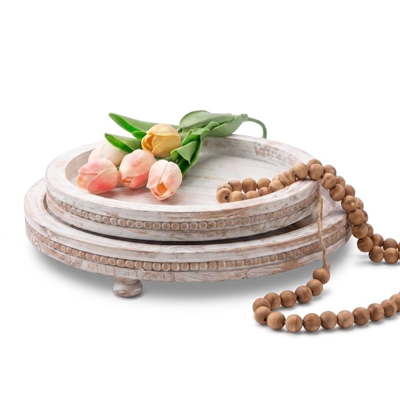 MODE HOME 2-Piece Whitewashed Wooden Serving Tray Set, Beaded Design, Farmhouse Decor for Living Room, Coffee Table & Ottoman Tray