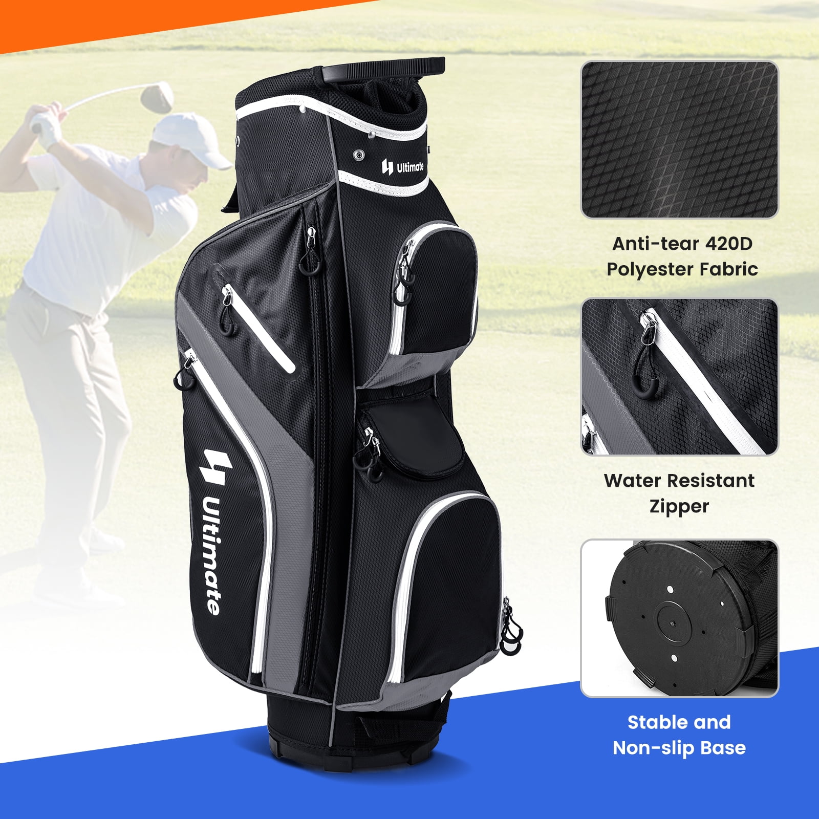 Topbuy 14-Way Golf Cart Bag Golf Club Bag with 14 Ways Organizer Divider Top 9 Zippered Pockets Cooler Bag Umbrella Holder Grey
