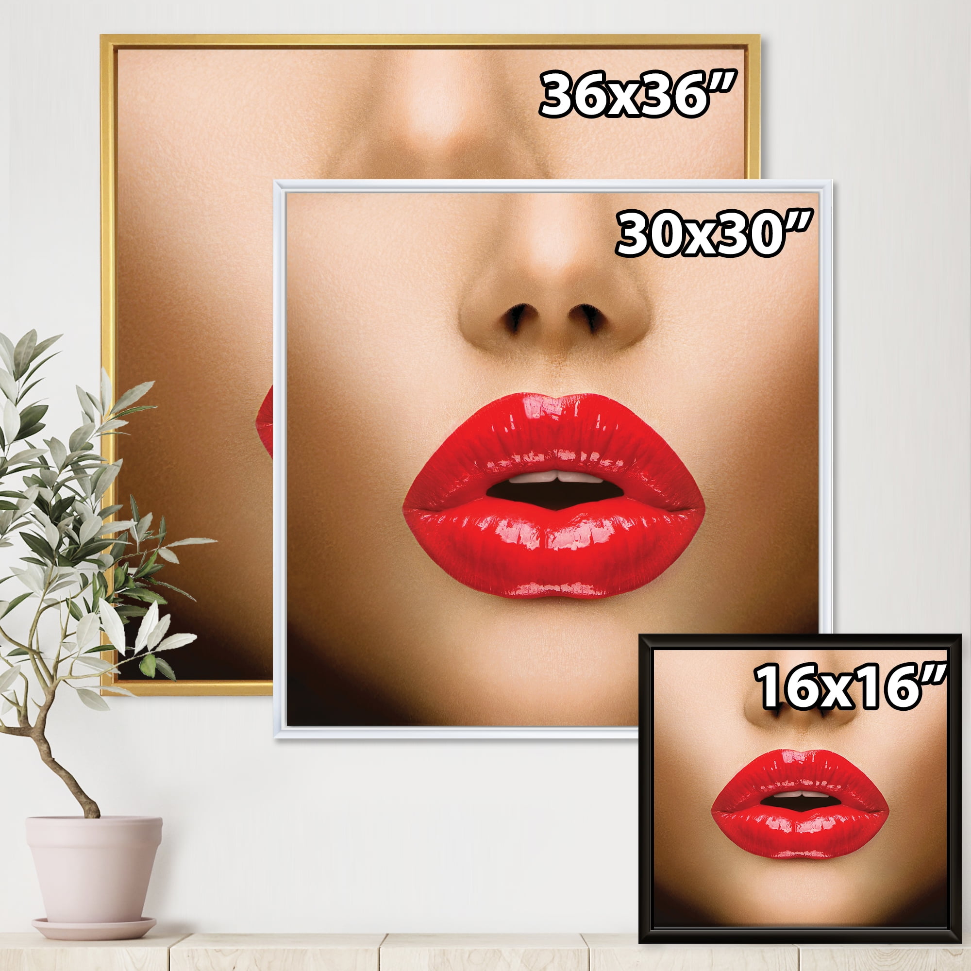 Designart 'Sexy Woman Lips Beautiful Make-Up Close-Up Kiss' Modern Framed Canvas Wall Art Print
