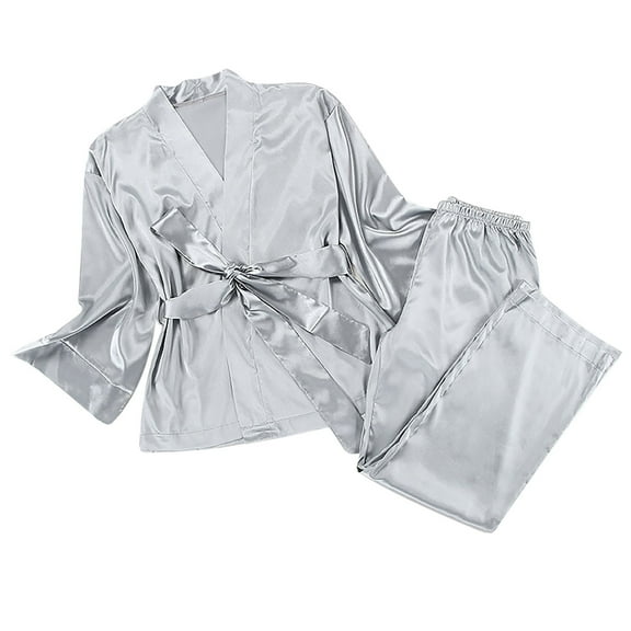 Satin Pajamas Set for Women Long Sleeve Belted Cardigan Sleepwear Silk Nightwear V-Neck PJs Set 2 Piece Lounge Sets Womens Clothes