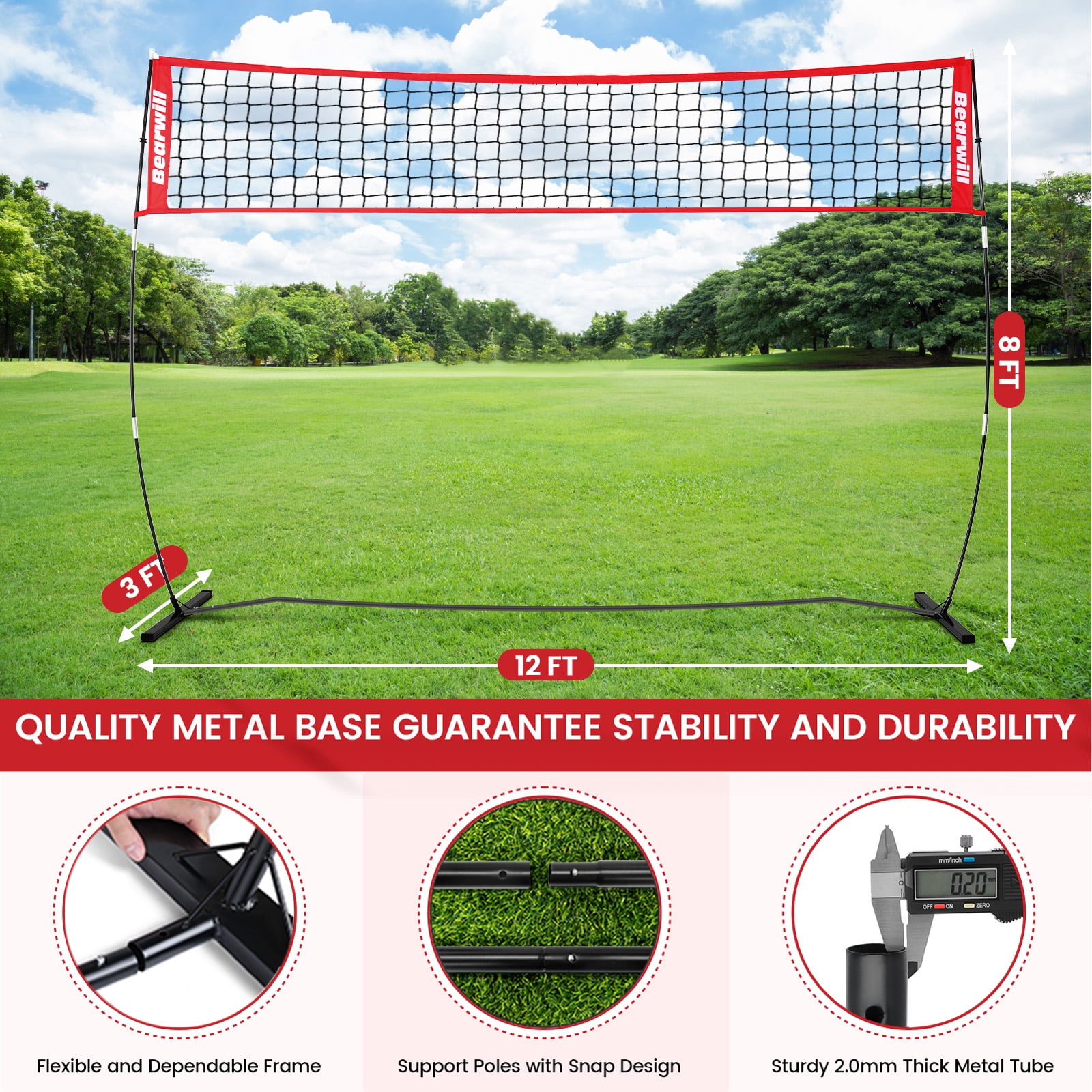 Volleyball Net, 12FT Portable Volleyball Net for Backyard, Freestanding Volley Ball Set Height Adjustable with Carry Bag, Volley Ball Practice Nets Training Equipment for Indoor and Outdoor