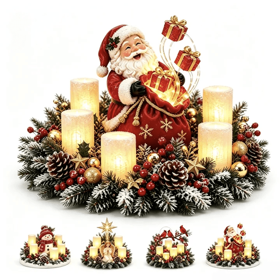 Illuminated Christmas Table Arrangement,Lighted Candle Holder Centerpiece with Frosted Pine Sprigs,Berries and Pinecones,Holiday Tabletop Decor for Mantel & Dining Table