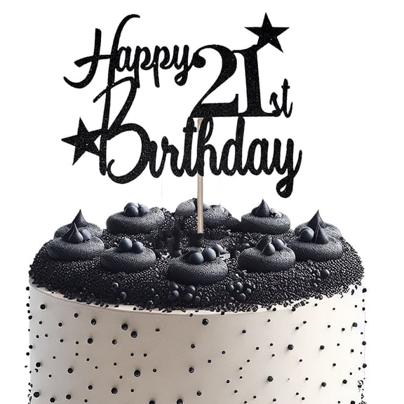 Happy 21st Birthday Black Glittered Cake Topper Twenty One 21 Years Old Party