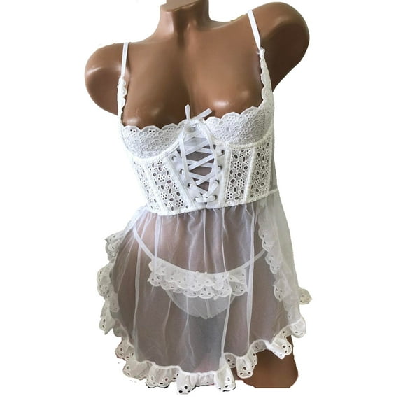 Victoria’s Secret Embroidery Mesh Ruffle Lace Babydoll Teddy Lingerie 2 Piece Set White Size Medium NWT