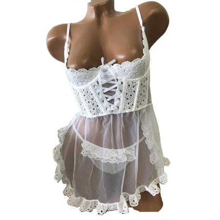Victorias Secret Embroidery Mesh Ruffle Lace Babydoll Teddy Lingerie 2 Piece Set White Size Medium NWT
