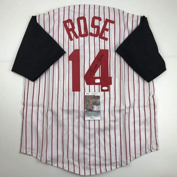 Autographed/Signed Pete Rose Cincinnati Pinstripe Baseball Jersey JSA COA