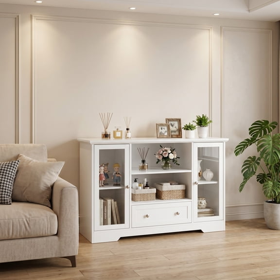 iooHug 51" White E1 MDF Sideboard Storage Cabinet, 2 Glass Doors Adjustable Shelf Buffet Credenza with Quiet Drawer & Anti-Tip Kit for Kitchen Entryway Living Room Family Use