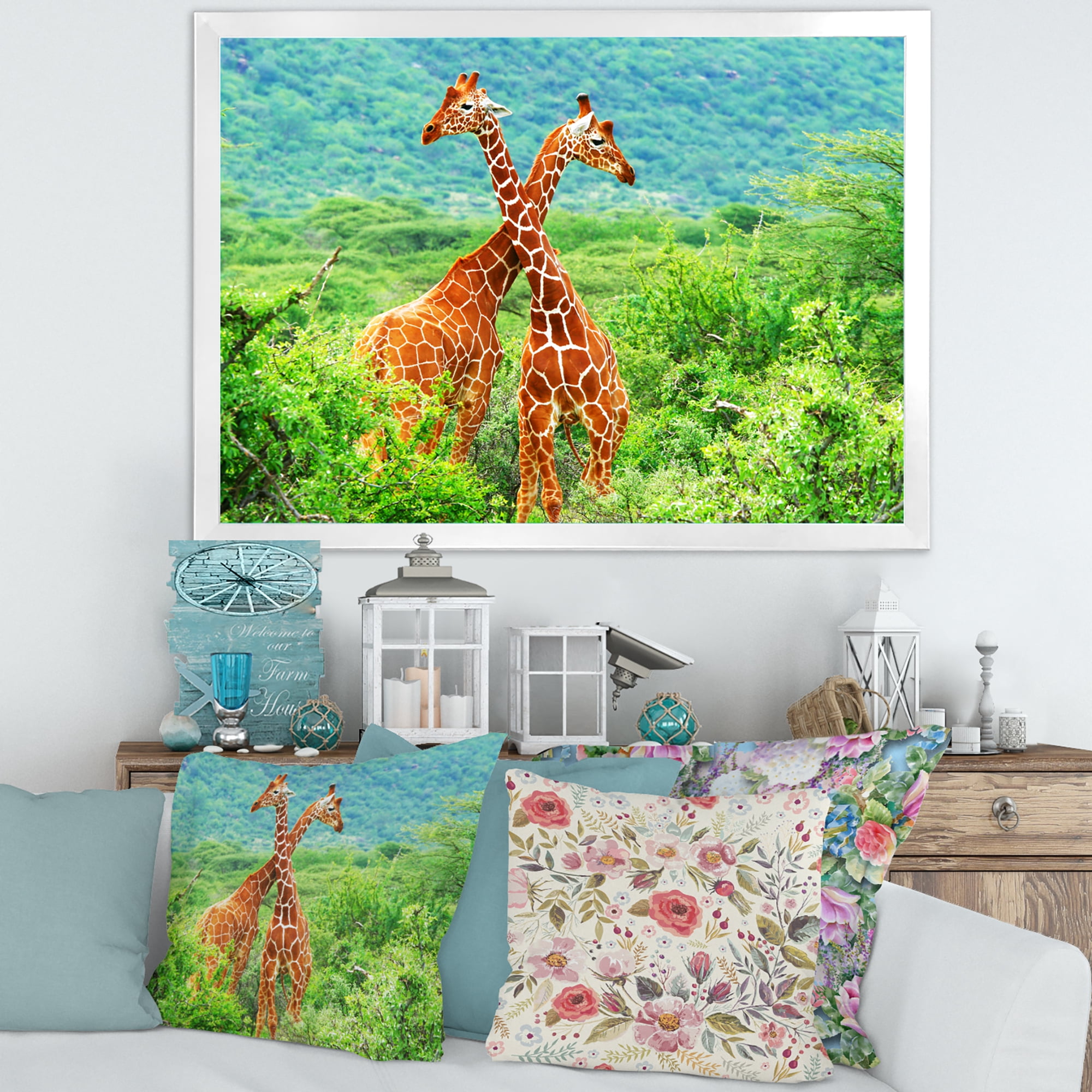Designart 'Two Giraffes Fighting In Lush Green Wild' Farmhouse Framed Art Print