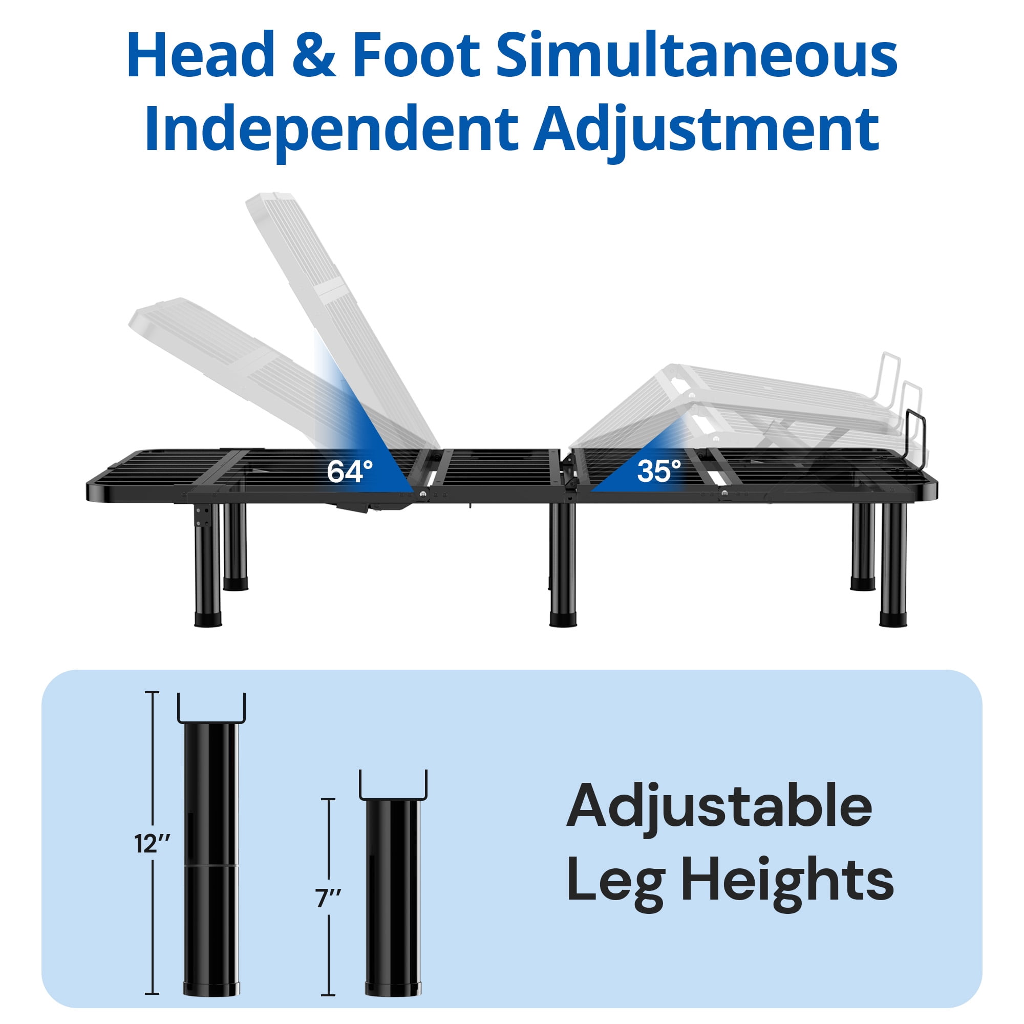 SunsGrove King Size Adjustable Bed Frame with Wired Remote, Independent Head and Foot Incline, Electric Bed Frame Base, Adjustable Leg Heights and Easy Assembly