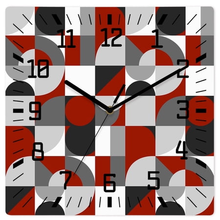 Wall Clock Red Black Mid Century Geometric Operated Square Clocks Wooden Silent Non Ticking