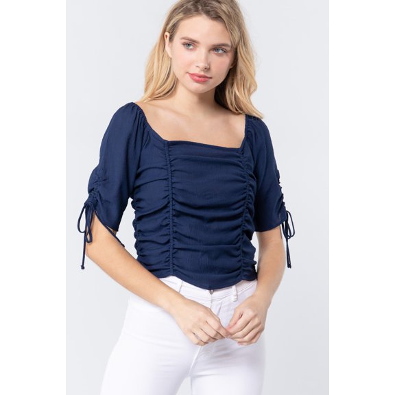 Elbow Slv Smocked Ruched Woven Top