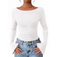 thumbnail image 3 of Women'S Long Sleeve Shirts Crop Going Out Tops Casual Boat Neck Bell Sleeve Ruched White S, 3 of 9