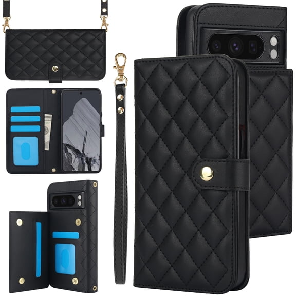Allytechgroup Wallet Case for Google Pixel 6a with Credit Card Slot, RFID Blocking PU Leather Case with Lanyard & Shoulder Strap & Kickstand Shockproof Bumper for Women Men, Black