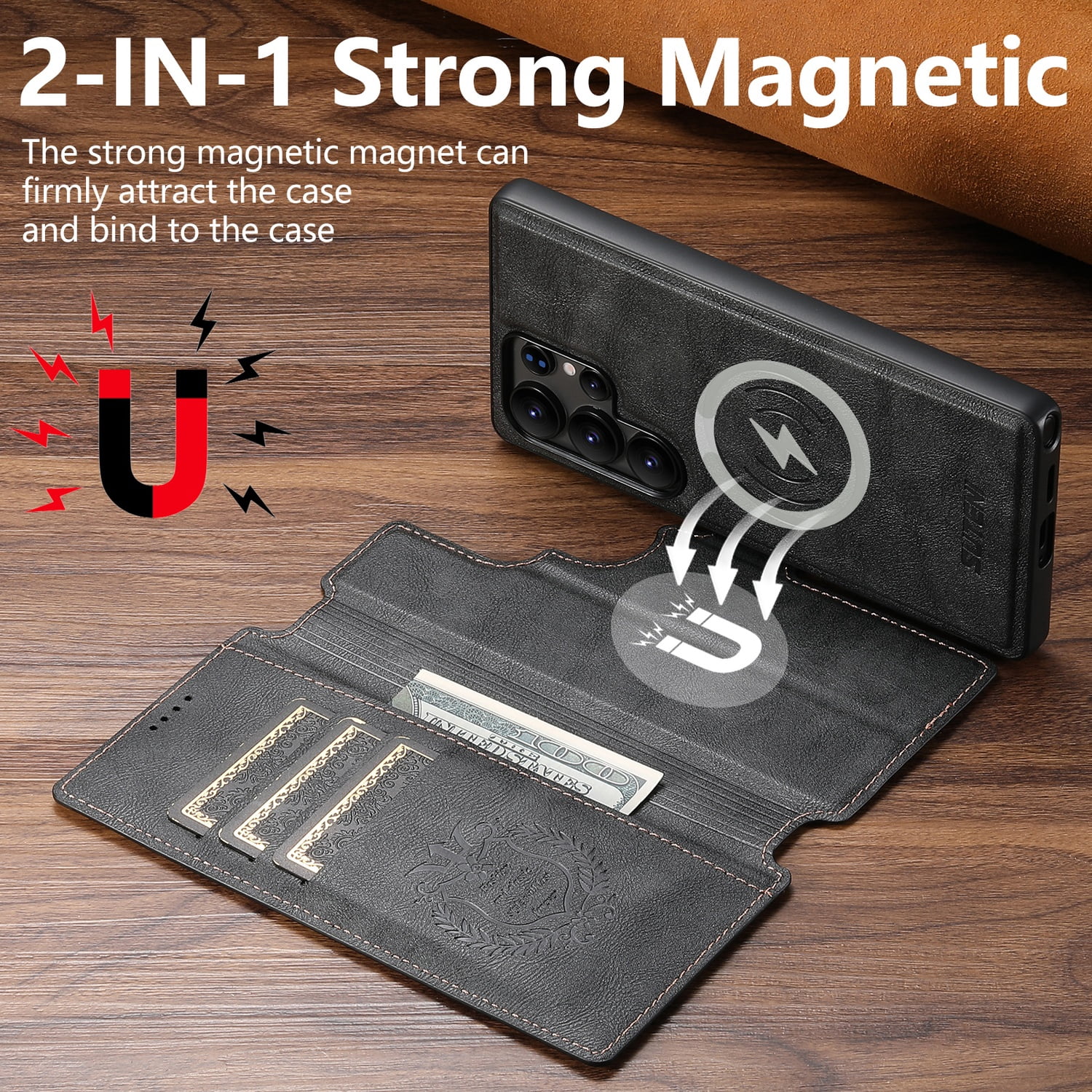 for Samsung Galaxy S24 Ultra Detachable Wallet Case, PU Leather Magnetic Cover Support Wireless Charging & Magnetic Car Mount, Card Slots Holder, Flip Stand, Folio Protective Phone Shell, Black