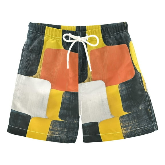 Black and Yellow Abstract Squares Boys Swim Trunks Quick Dry Boy Swim Shorts for 3-14 Years