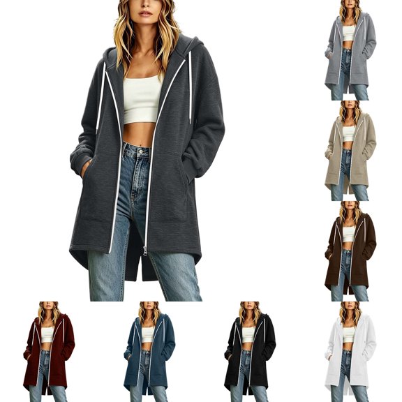 DYTTDG Women's Oversized Longline Zip-Up Hoodie, Full-Zip Fleece Sweatshirt Jacket with Kangaroo Pocket, Long Hooded Coat for Fall & Winter
