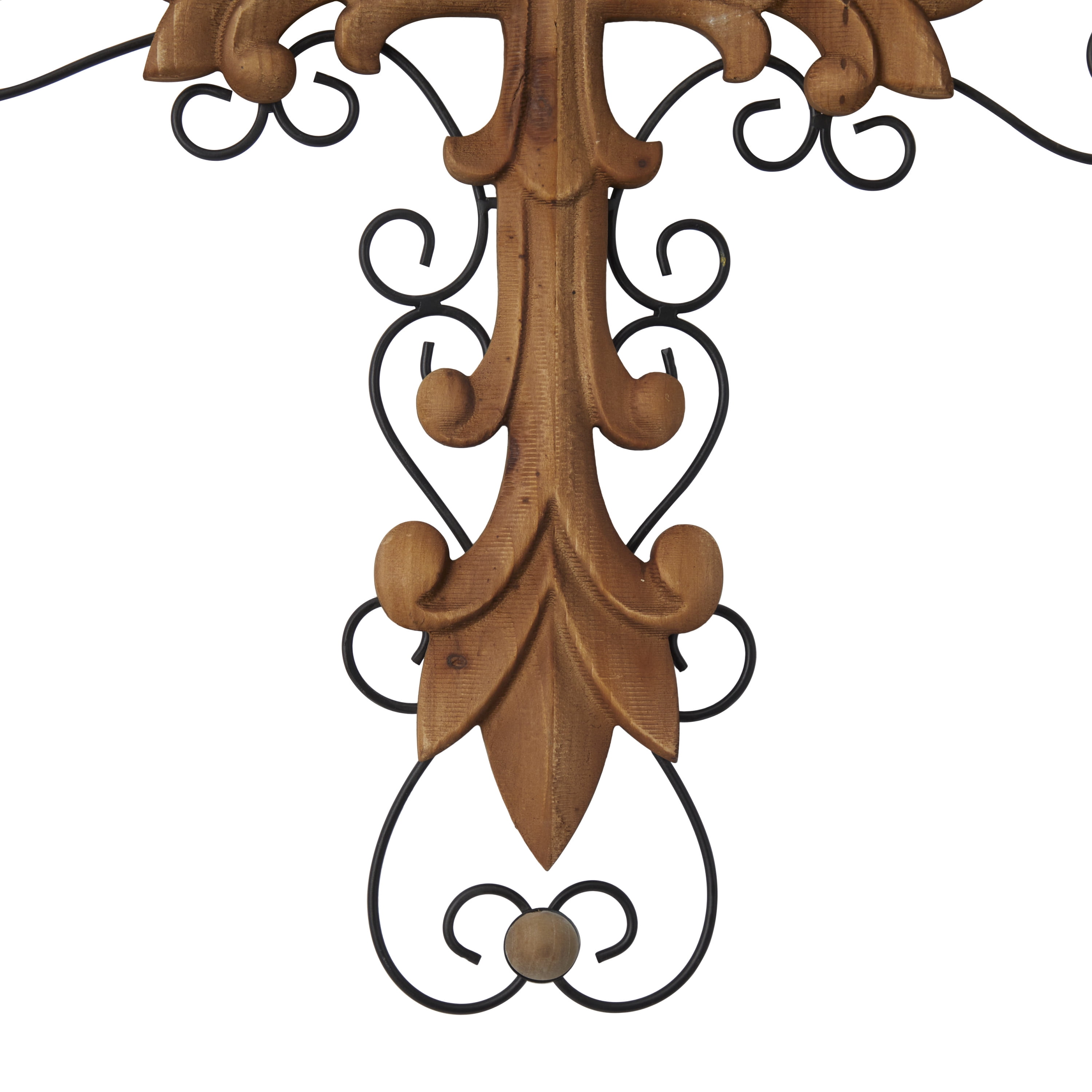 DecMode Brown Wood Carved Cross Cross Wall Decor with Metal Scrollwork