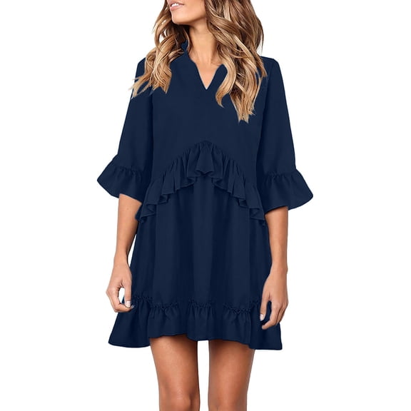 Babysbule 2022 Dresses for Women Clearance Women Solid V-Neck Ruffles Half Sleeve Swing Shift Loose Dress