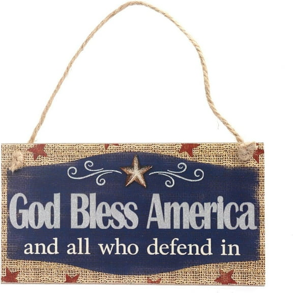 "God Bless America and all who defend it" Classic Hanging Wall Sign (7.87 x 3.94 inches) - Patriotic Decor for Independence Day