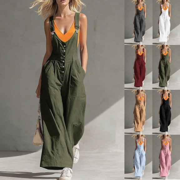 Hvogkswy Cargo Jumpsuits for Women V-Neck Sleeveless Adjustable Strap Button Front Romper Fashion Comfy Outdoor Hiking Casual Wide Leg Jumpsuit