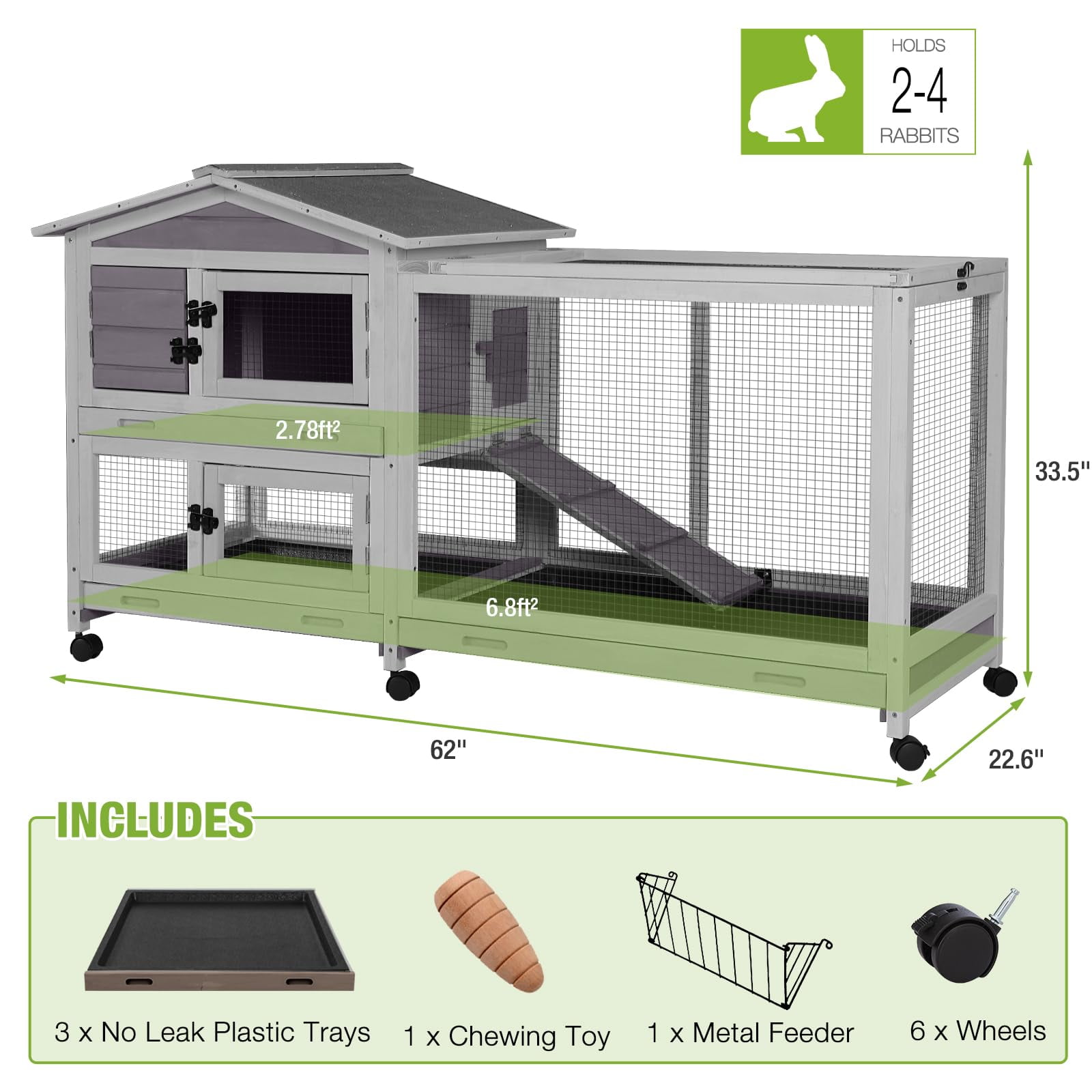 Rabbit Hutch 62" Mobile Bunny Cage Outdoor Indoor on Wheels with 3 Tray