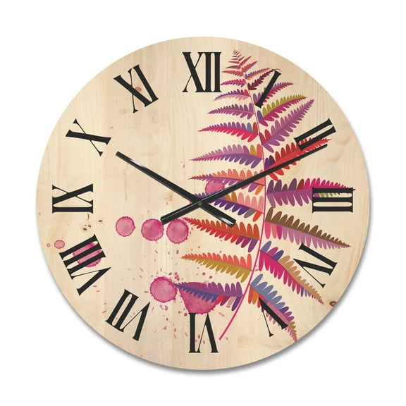 Designart 'Purple Fern With Purple Splash' Farmhouse Wood Wall Clock