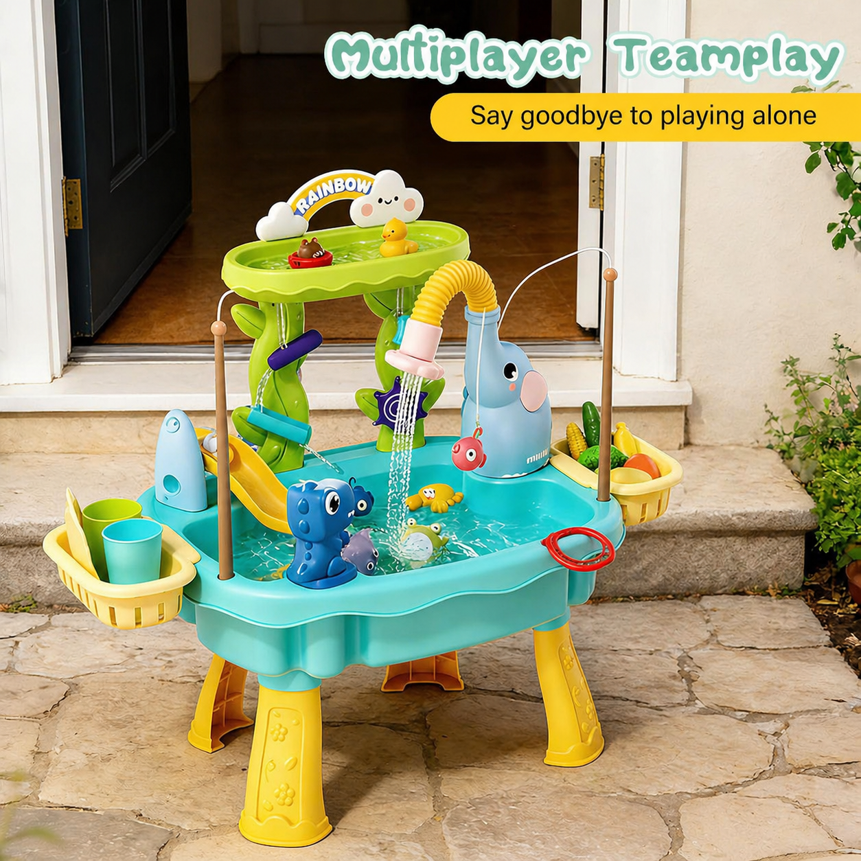 Promitop 2026 Kids Sand and Water Table with Electric Pump Faucet, Toddler Play Sink with Running Water, Fishing Toy and Play Food Accessories, Ages 3+ (Blue)