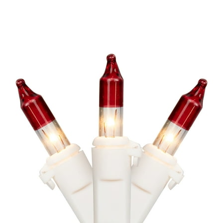 Mini Christmas Light Set - Clear with Red Tips - 10' White Wire - 50ct