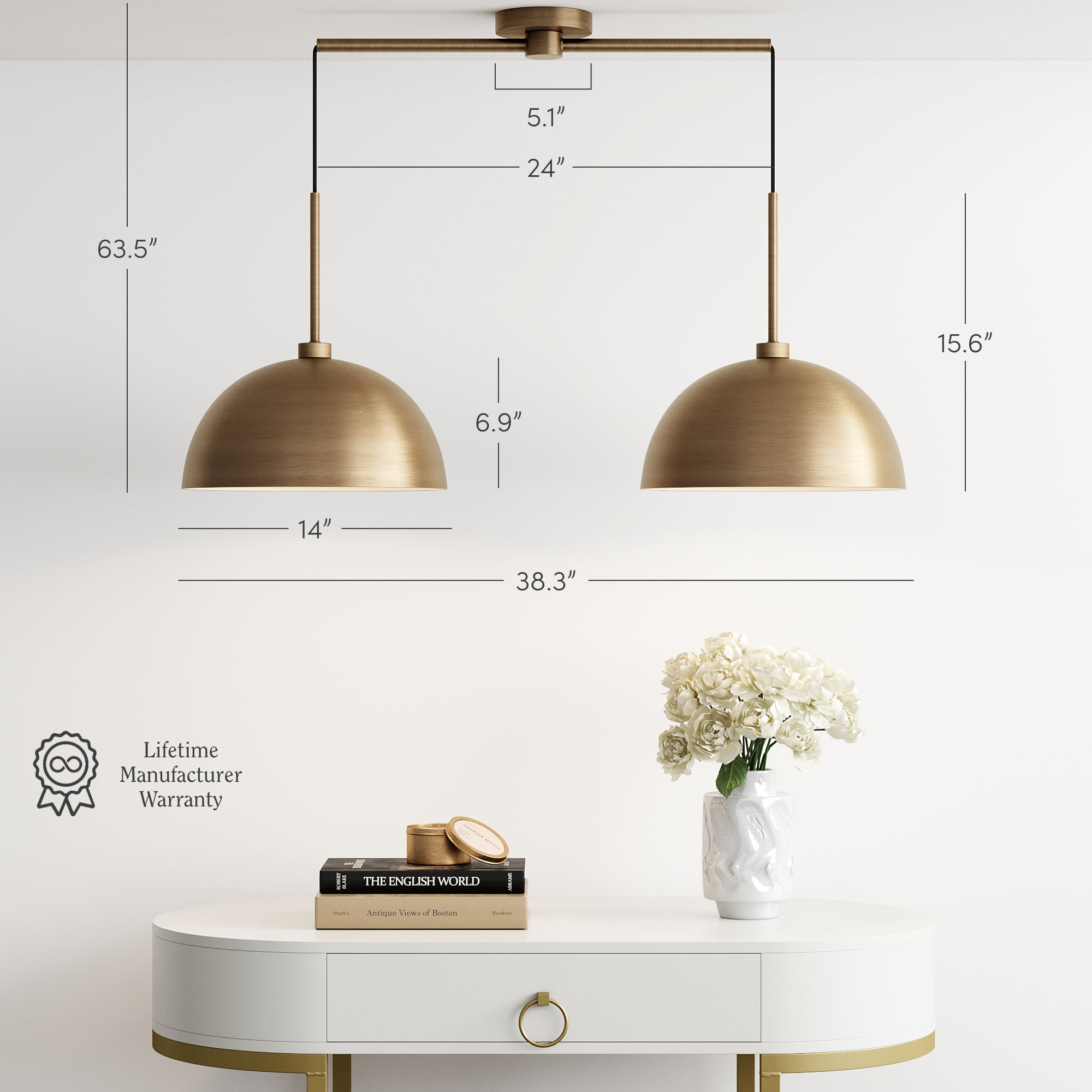 Nathan James Percy Modern 2-Light Pendant Island Light Fixture, Brass Hanging Lights with Gold Metal Shade and Adjustable Cord
