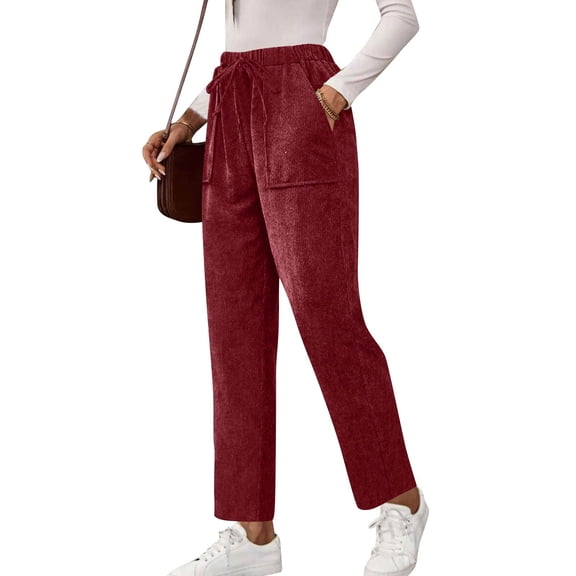 Corduroy Pants Women Casual Comfy Elastic High Waisted Pull On Trousers Straight Leg Lounge Pant with Pockets Hot Pink S