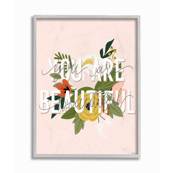 Stupell Industries You Are Beautiful Pink Flower Inspirational Word Design Graphic Art Gray Framed Art Print Wall Art, 16x20, by Gigi Louise