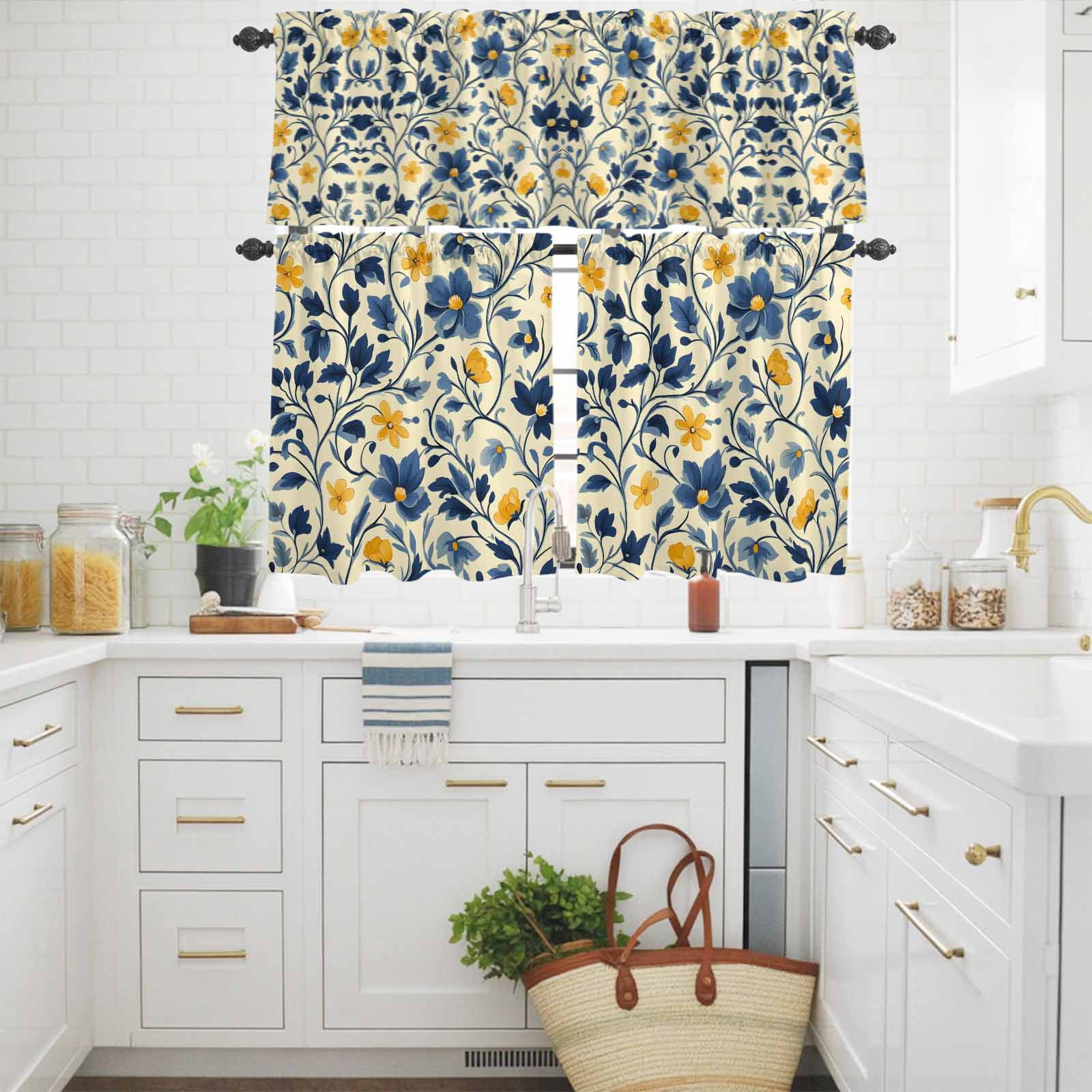 Rustic Floral Kitchen Curtains Valances 3 Piece Set, Watercolor Vintage Yellow Blue Flower Blue Grey Leaf Linen Texture Rod Pocket Tier Curtain & Valance Drapes for Small Window 24 Inch Length