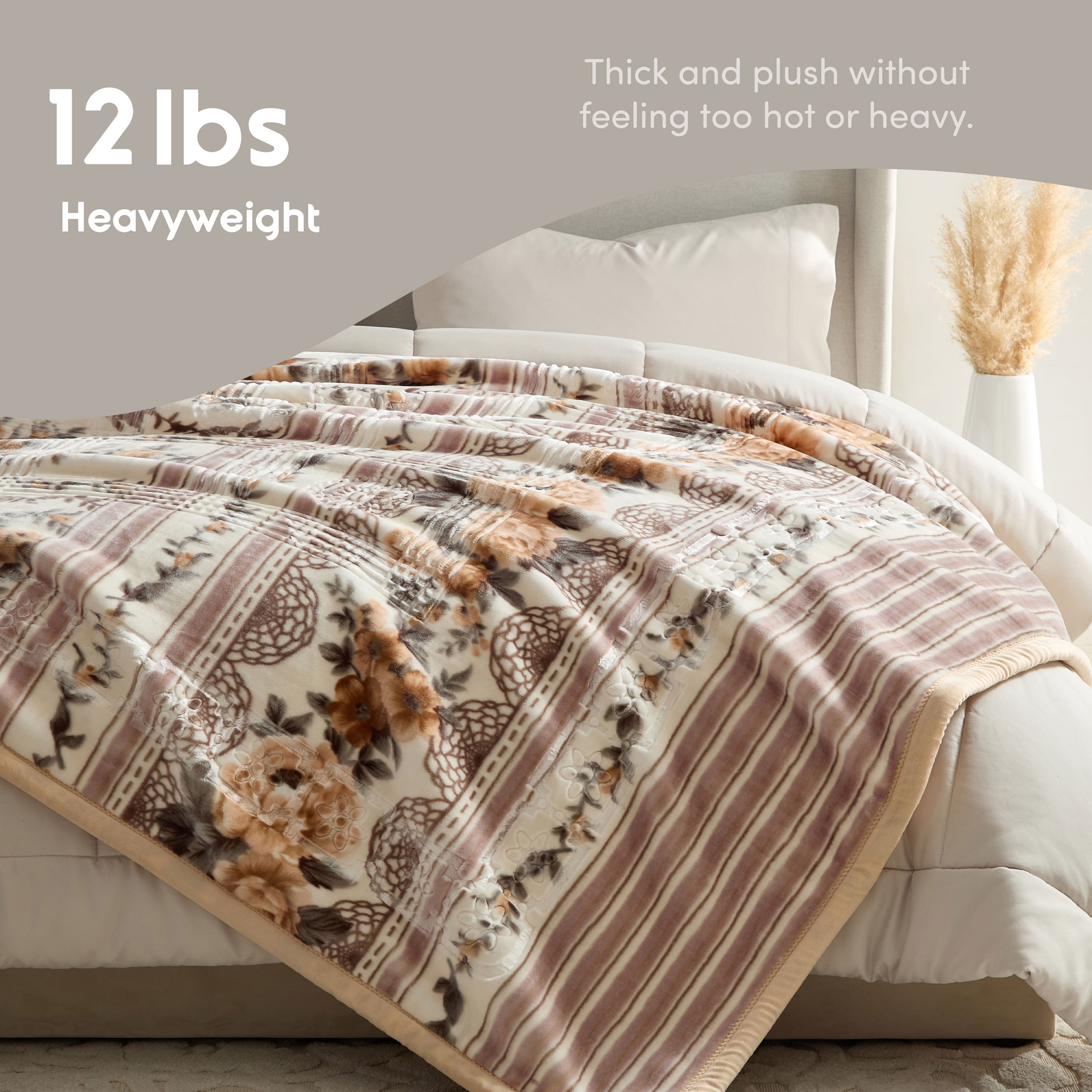 Lammaloe King Size Korean Mink Fleece Blanket, 12 lbs, 87" x 94", Heavy 2-Ply Warm Heavyweight Raschel Bed Blankets, Reversible Printed, Beige Floral