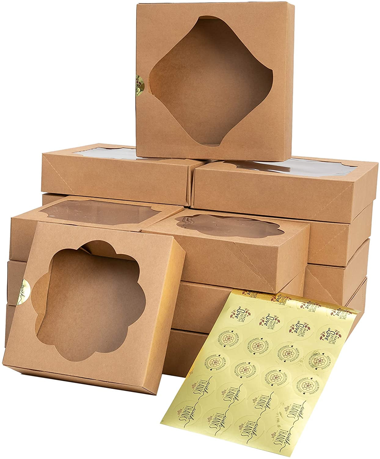 15 Pcs 10X10X2.5 inch Kraft Paper Holiday Christmas Thanksgiving Bakery Boxes Pastry Cookie Boxes with Stickers 