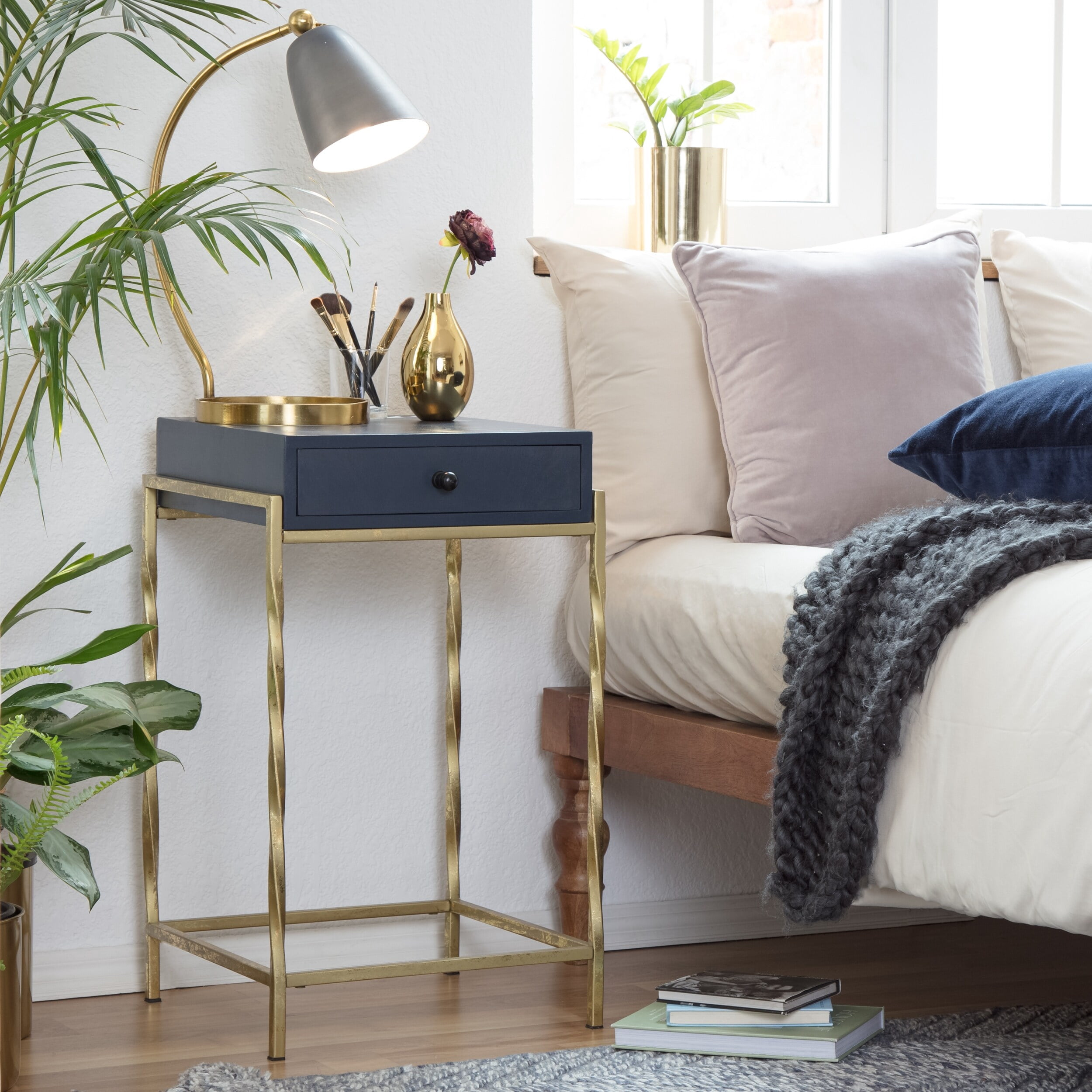 Millwork Holdings Co,. Inc Adore Decor Jolie Modern Living Room Table, Navy Blue/Gold Accent Table Metal Square Accent Tables