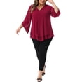 thumbnail image 2 of Agnes Orinda Plus Size Shirt for Women 3/4 Bell Sleeve V Neck Double Layers Chiffon Blouse Top 3X Burgundy, 2 of 6