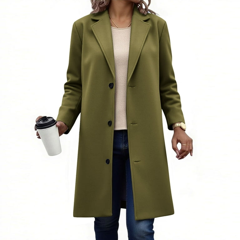 aohooy Winter Dress Coats for Women Petite Notched Lapel Collar Wool Blend  Midi Peacoat Single Breasted Plus Size Long Sleeve Trench Coats Army  Green,L