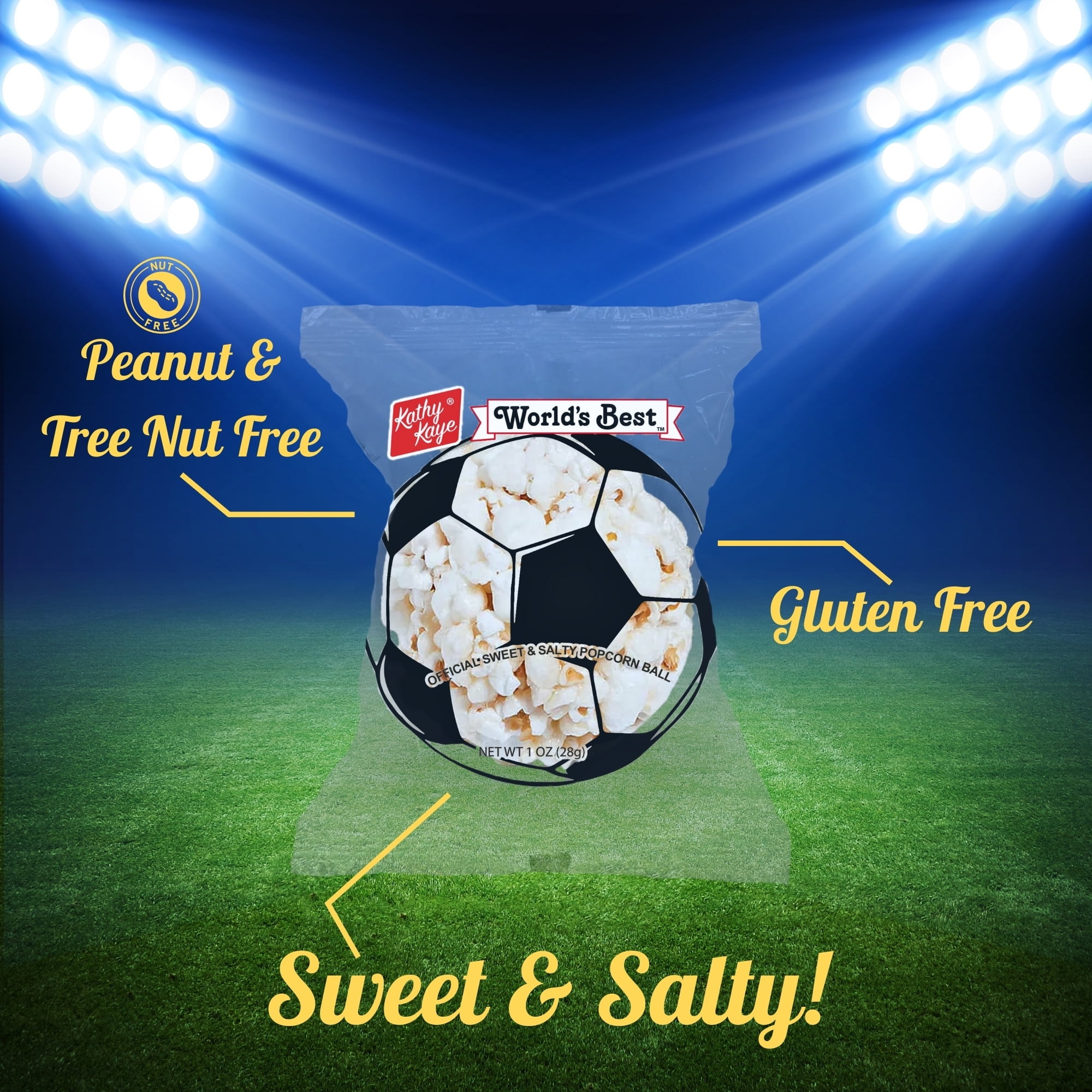 Kathy Kaye Soccer Sweet & Salty 1 oz. Popcorn Balls | Delicious, Crunchy, & Perfect for Snacking| Classic Sweet & Salty Flavor for Game Day, Parties & More | Box of 18