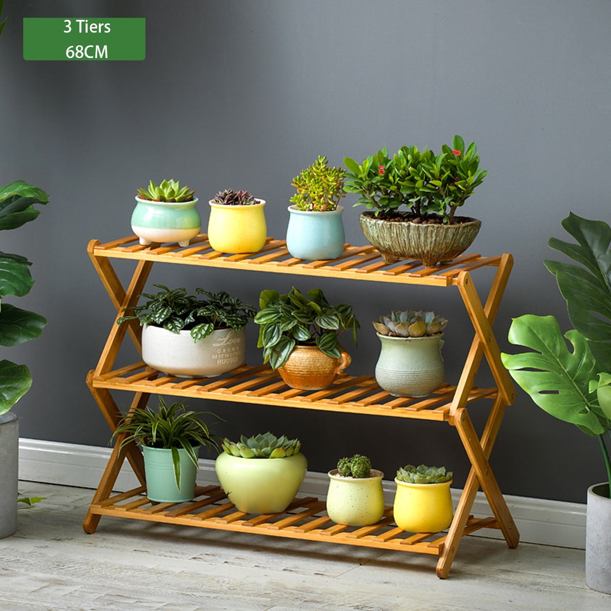 Multi-Layer Folding Wooden Flower Stand Rolling Flower Plant Display