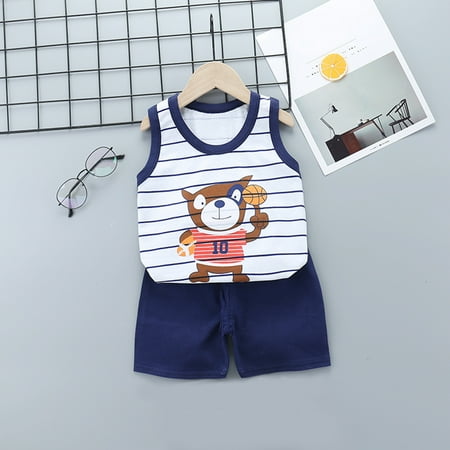 

WHLBF Toddler Kids Baby Boys Girls Cute Sleeveless Vest Shorts Cartoon Print Casual Suit Dark Blue 18-24Months(18-24Months)