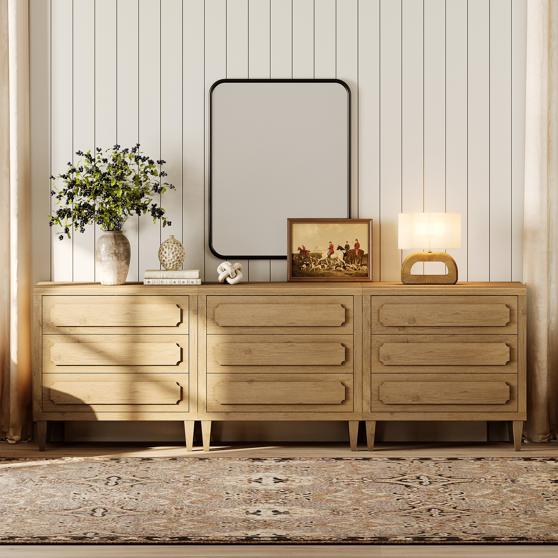 94.5" Modern Buffet Cabinet with Storage, Oak Kitchen Sideboard with Embossed Drawers, Oak