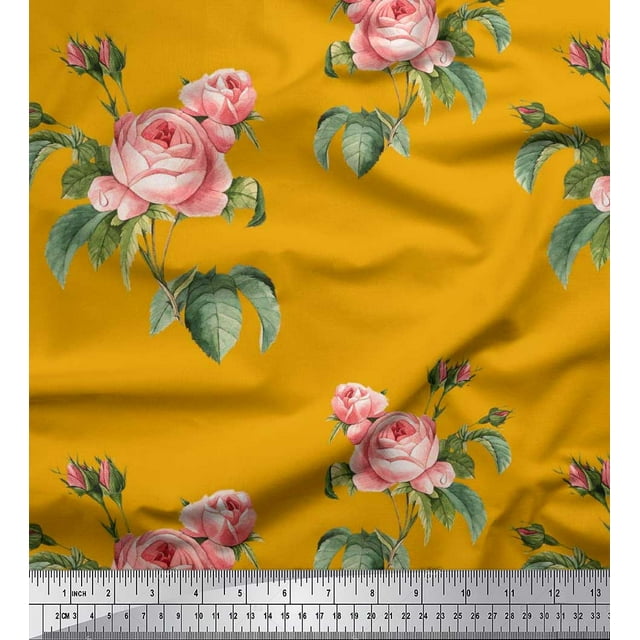Soimoi Gold Rayon Fabric Leaves & Rose Floral Print Fabric by the Yard 56 Inch Wide